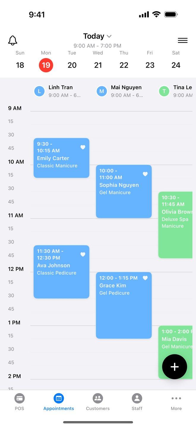 BeautyDesk appointments calendar with bookings by technician