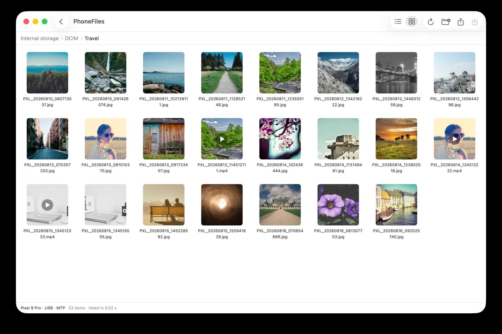 PhoneFiles on a Mac showing an Android phone's photos and videos as thumbnails