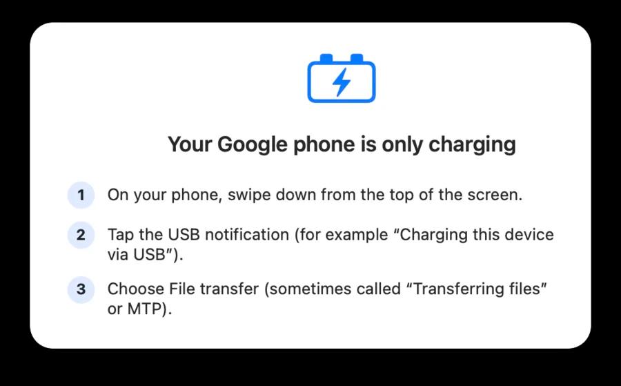 PhoneFiles telling the user their Google phone is only charging and how to switch to File transfer